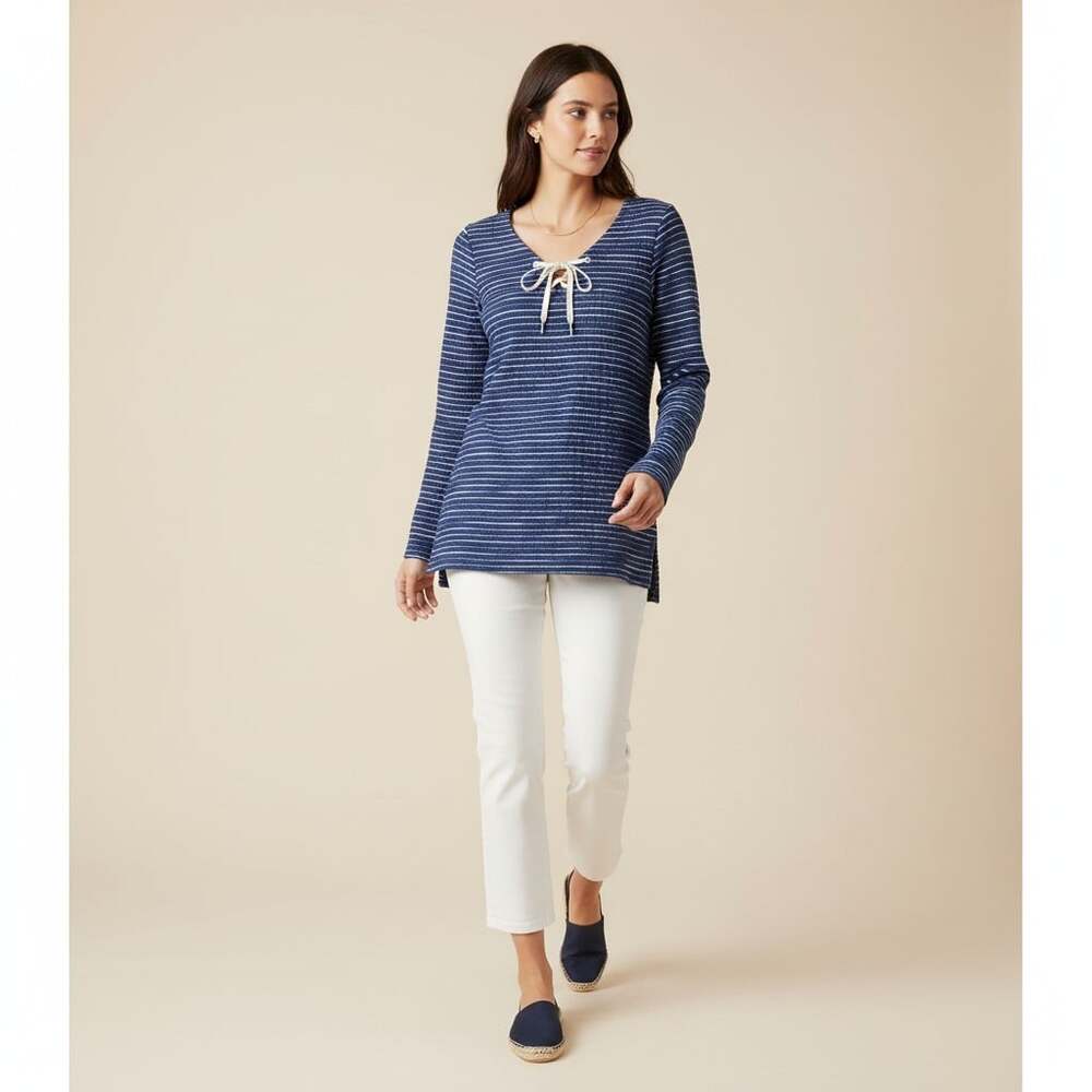 Tommy Bahama Womens Navy White Stripe Lace-Up Pullover Top Small Long Sleeve
